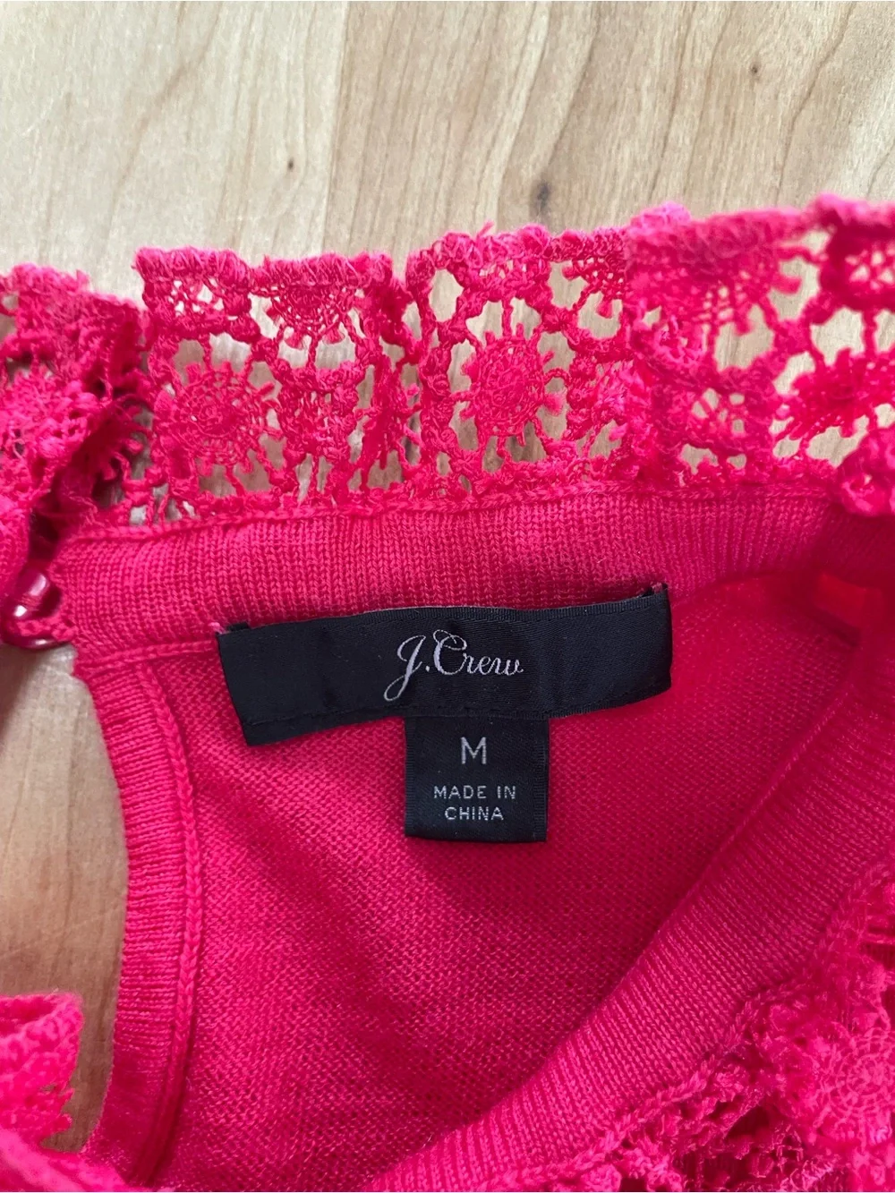 J. Crew Medium Pink Tippi Sweater Crochet Lace Collar Lightweight Merino Wool